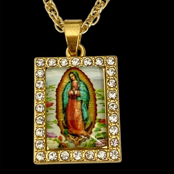 Virgin Mary Our Lady of Guadalupe Gold Necklace 23" Plated Pendant Mexican Saint - Picture 1 of 11